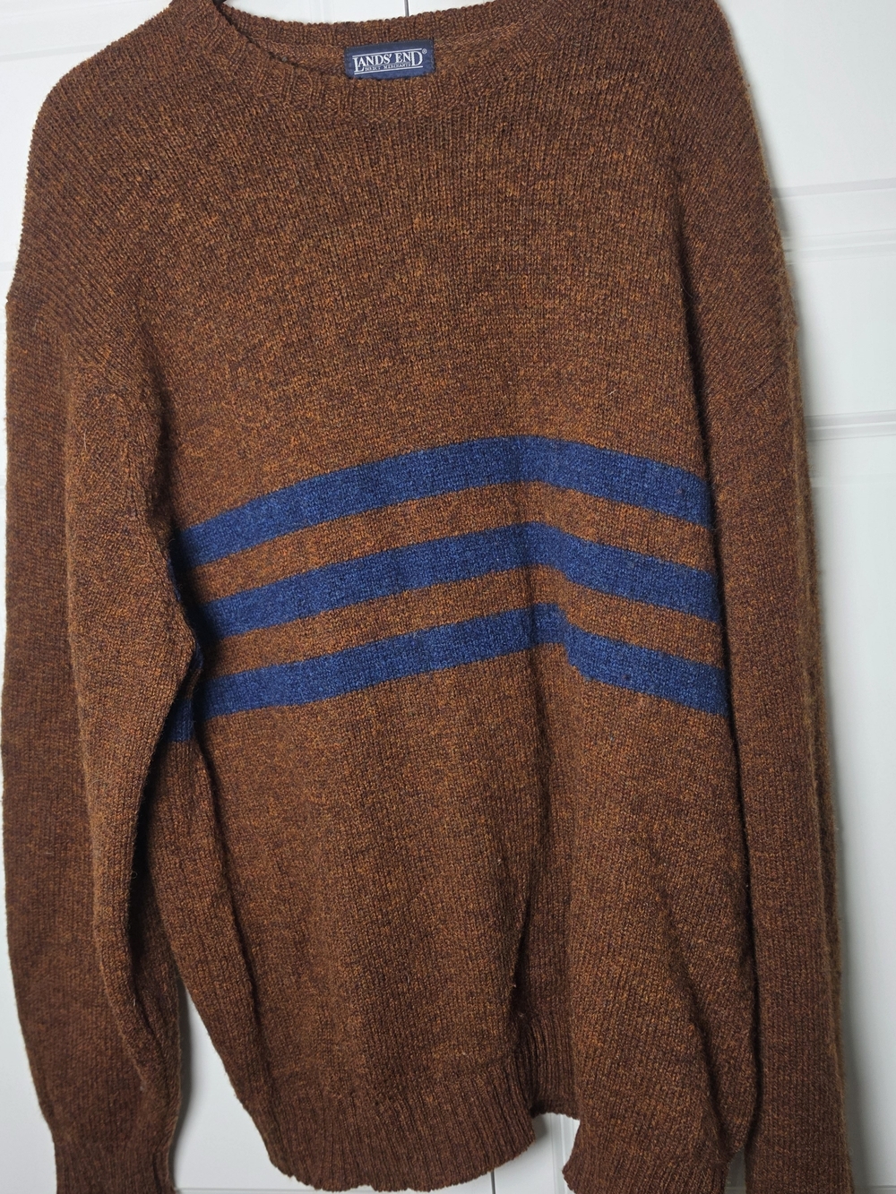 Vintage 90s Lands’ End Men XL Wool Scotland Brown Blue Stripe Sweater
